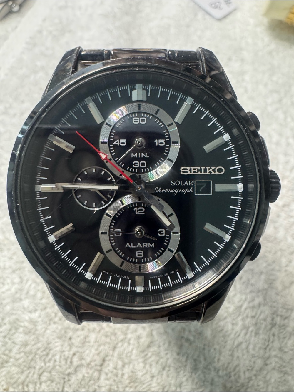 Seiko Black Dial Solar Chronograph Watch with Red Seconds Hand